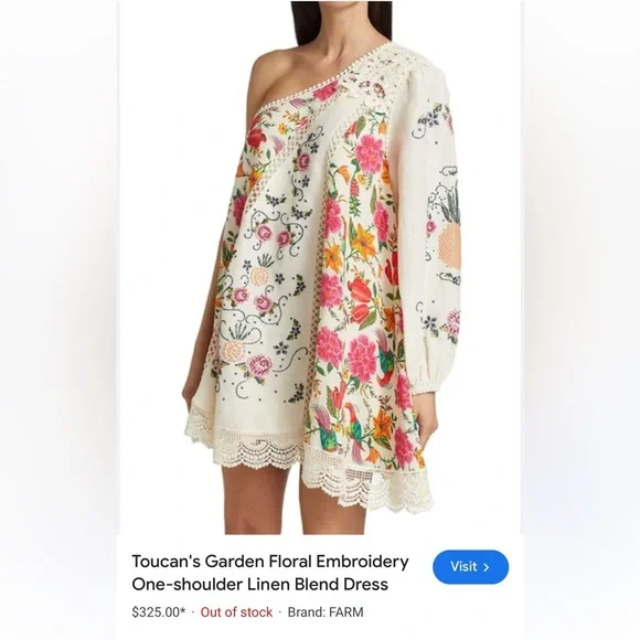 NWT Farm Rio Toucan's Garden Floral Embroidery One-Shoulder Linen Blend Dress - Picture 4 of 14